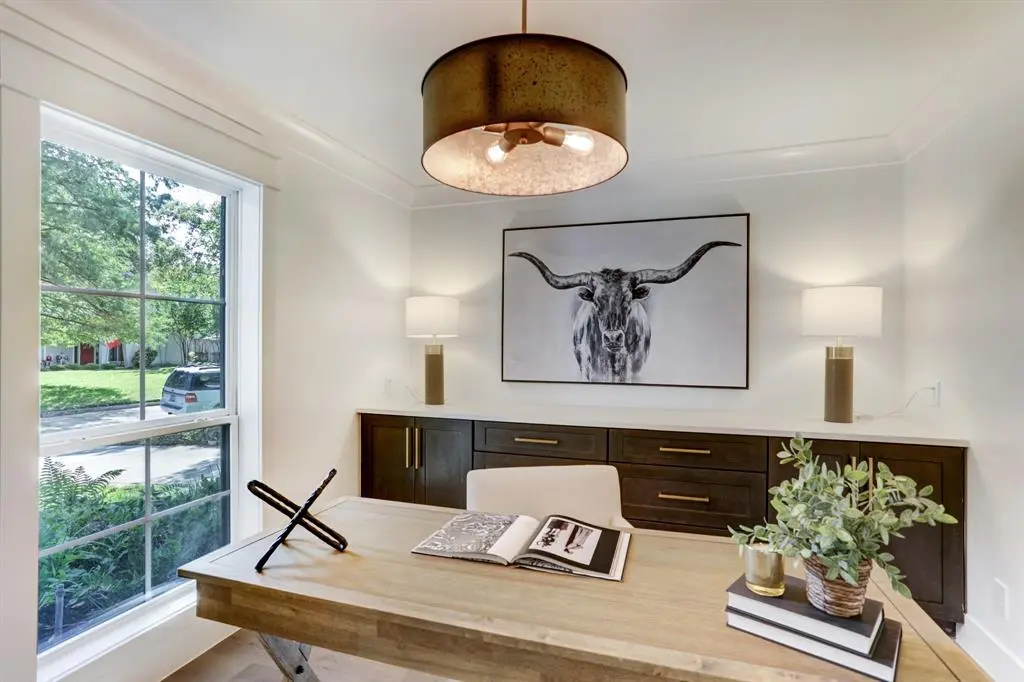 Custom built-in cabinetry with warm wood finish and modern hardware